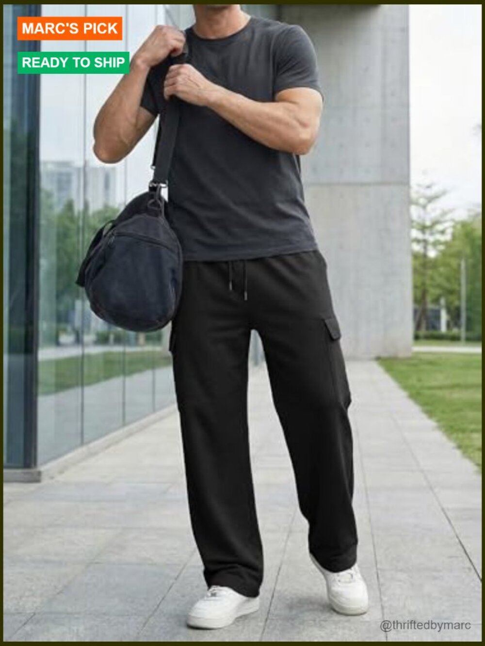 Men's Baggy Wide Leg Cargo Sweatpants Drawstring Ankles Adjustable - Picture 6 of 7